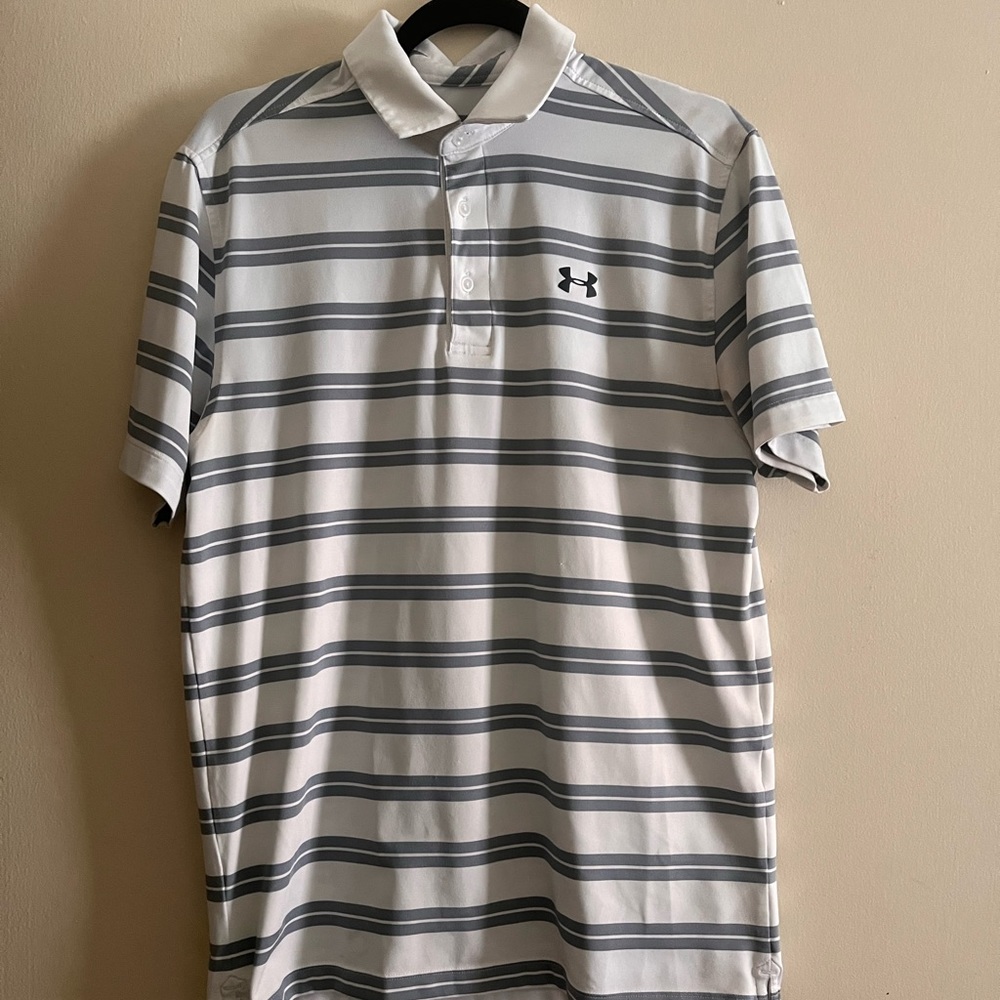 Under Armour Tech Short-Sleeve Polo Size M White Gray Striped